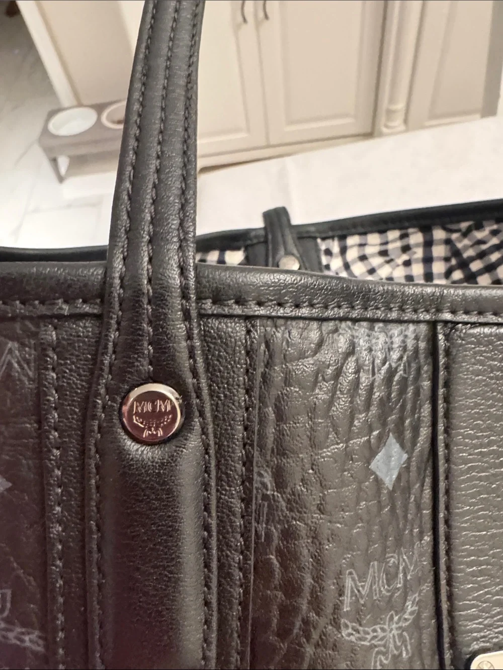 MCM Black Leather Duffel Tote with Removable Pouch